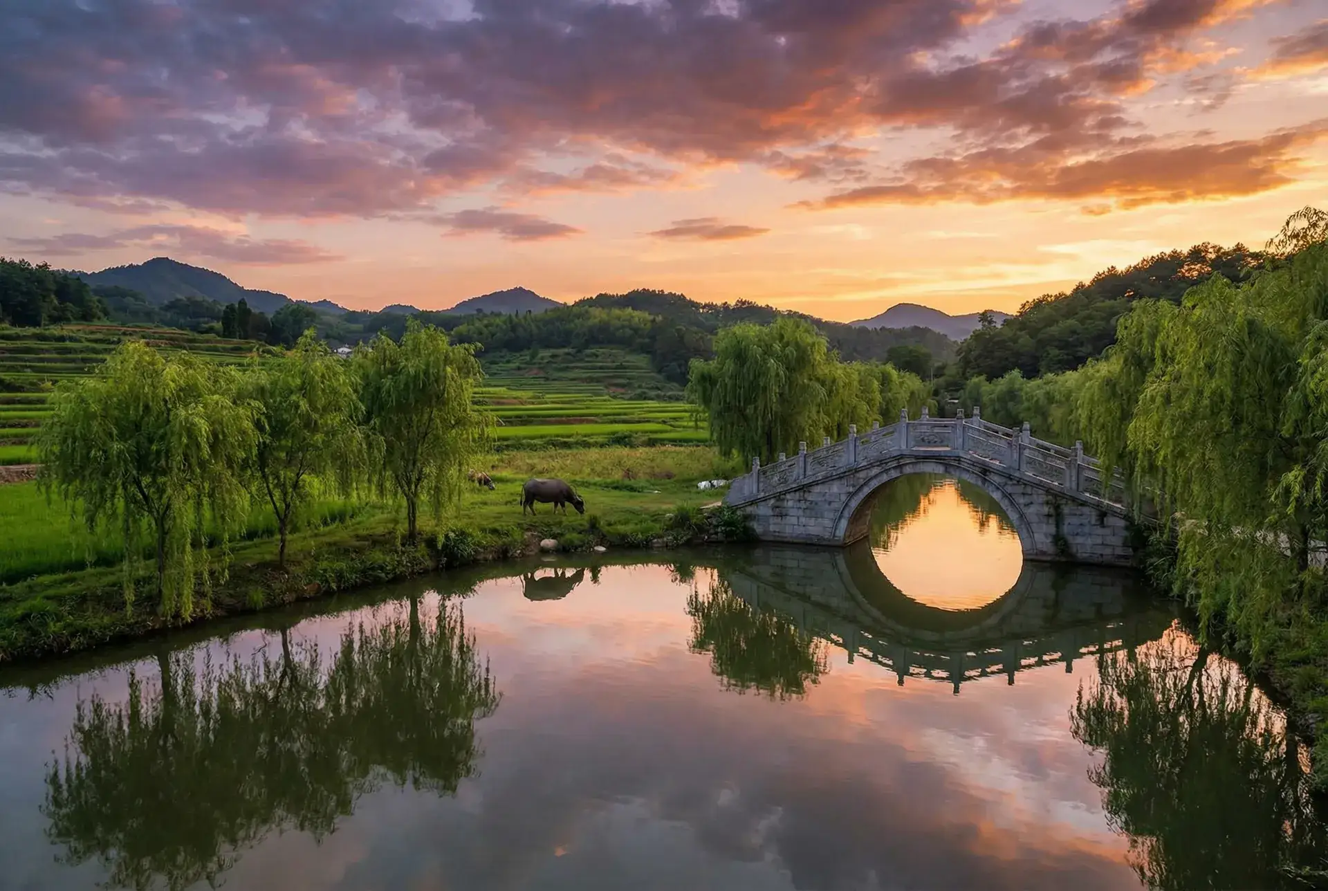 夕阳下的石拱桥与垂柳，水牛在河边吃草 - 终极监狱 乡村美景